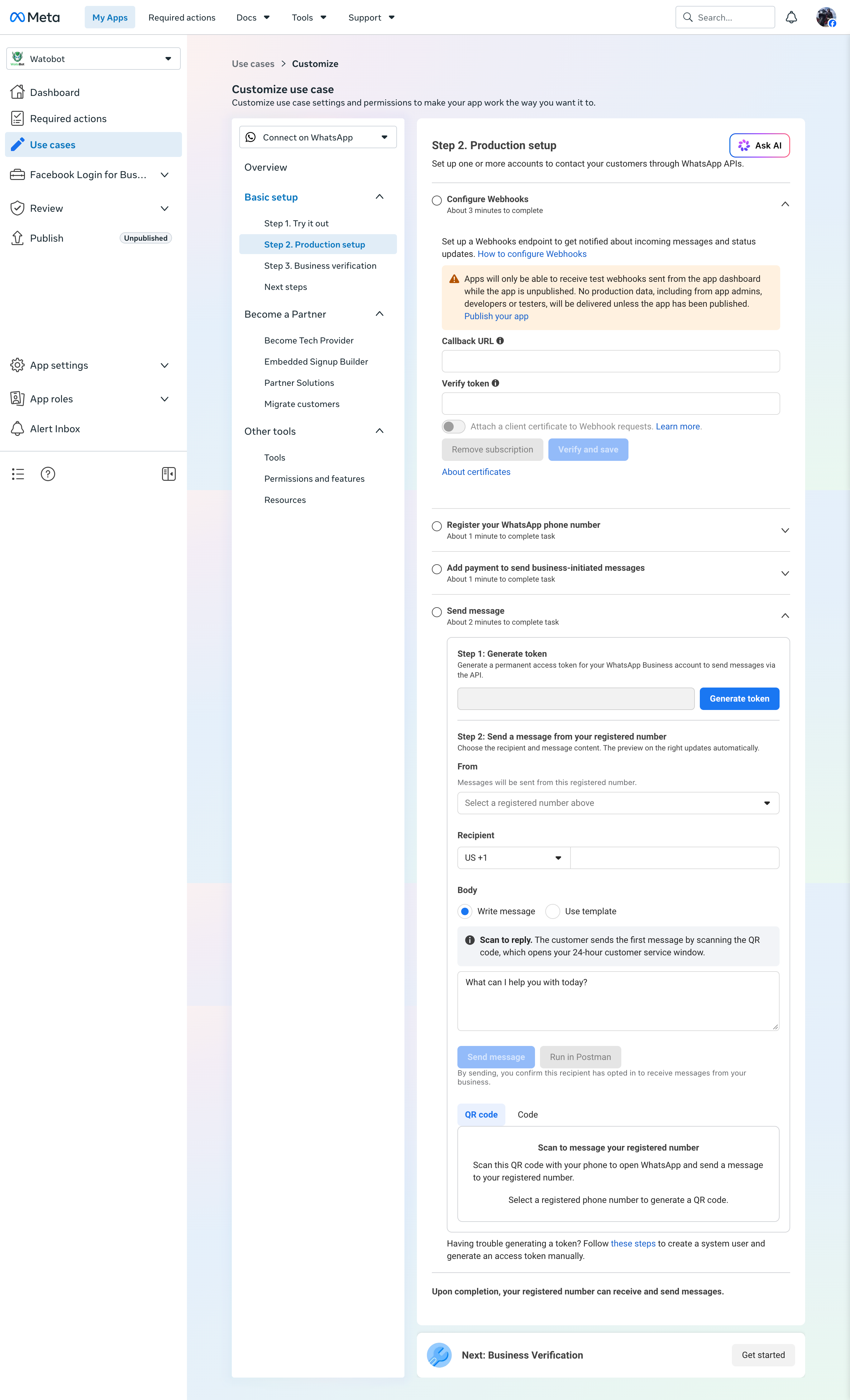 Production setup screen with the Send message section open and the Generate token button in Step 1
