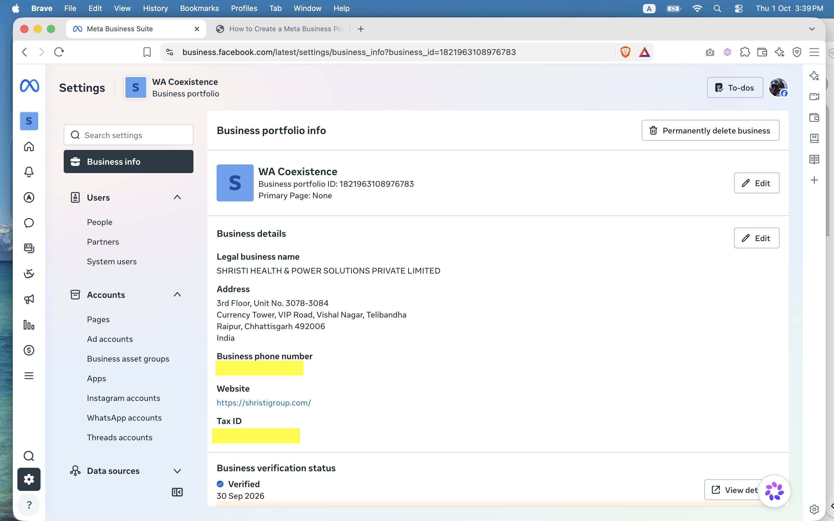 Business Settings, Business info page showing the portfolio display name with an Edit button and the legal business name under Business details