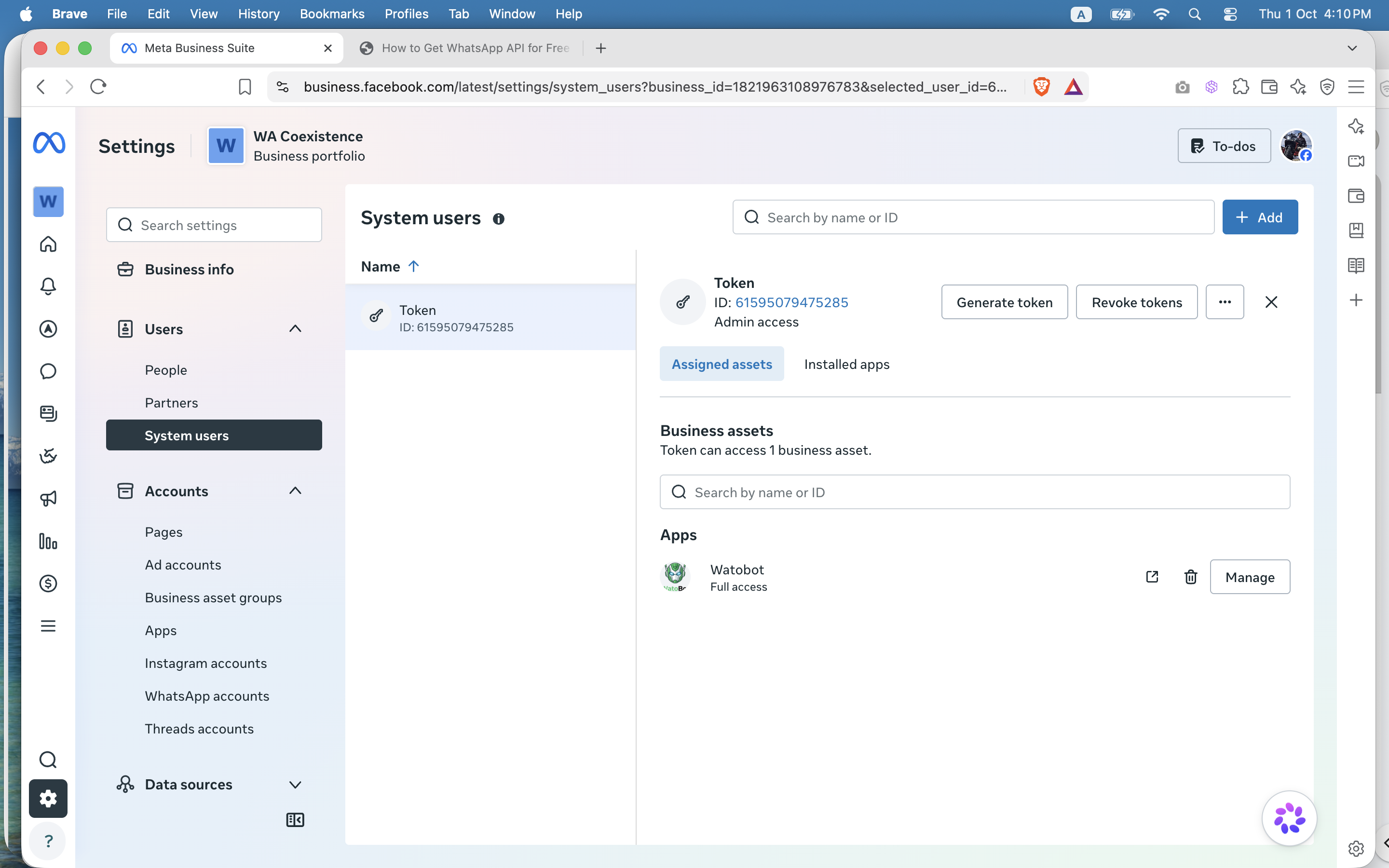 Business Settings, System users page with a system user selected and the Generate token and Assign assets buttons