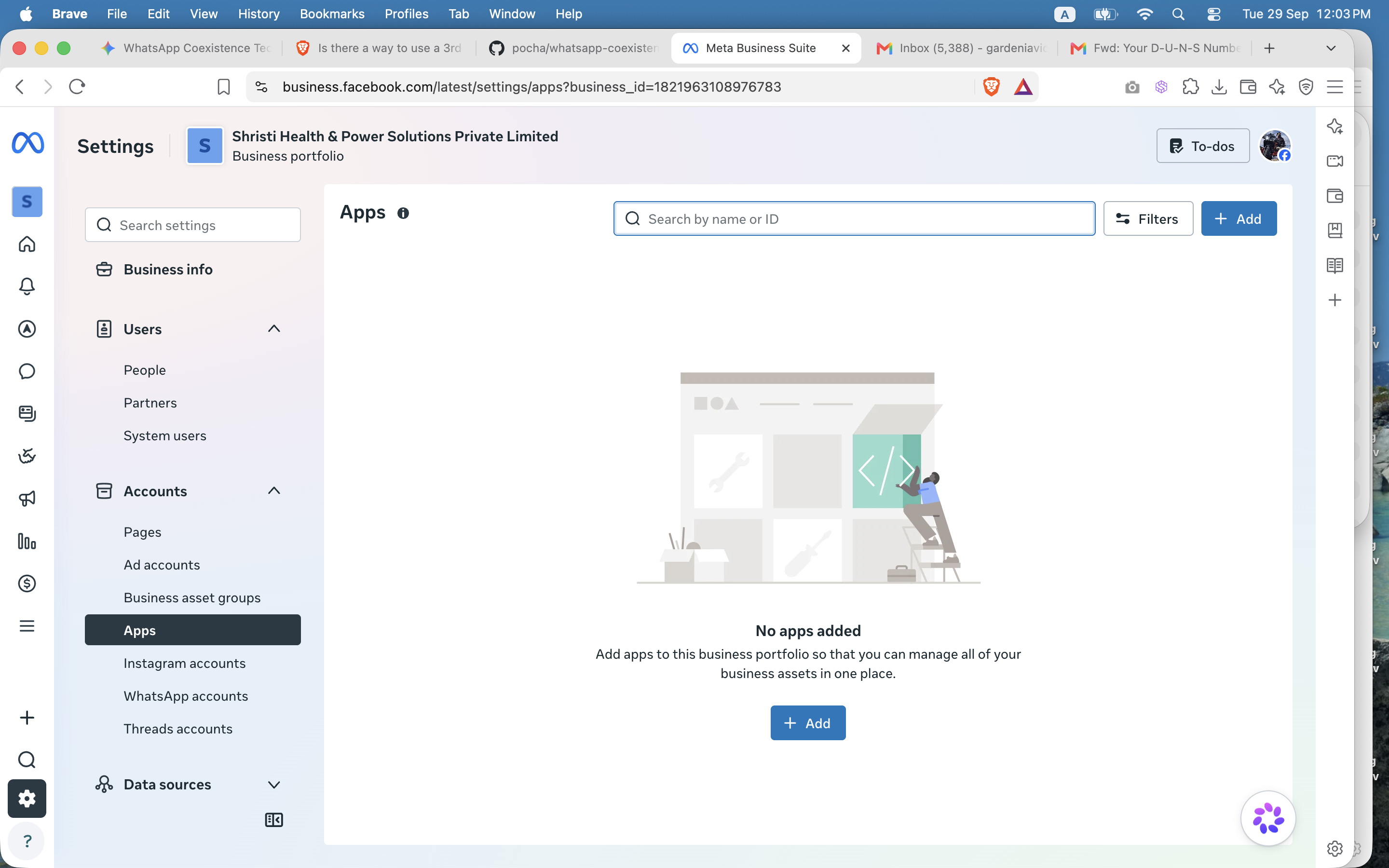 New business portfolio's Apps settings page, ready with an Add button and no apps yet