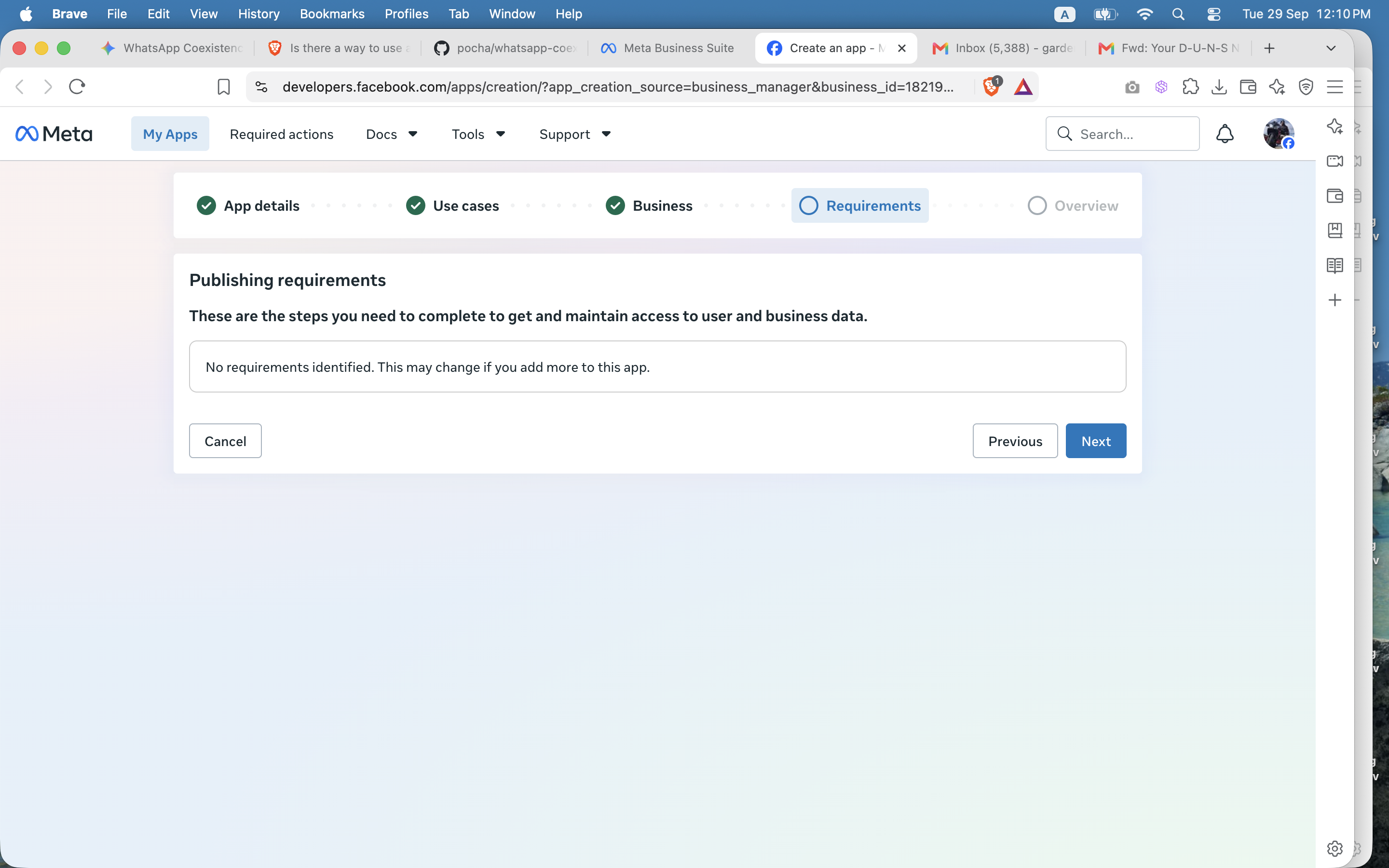 Requirements step showing 'No requirements identified. This may change if you add more to this app.'