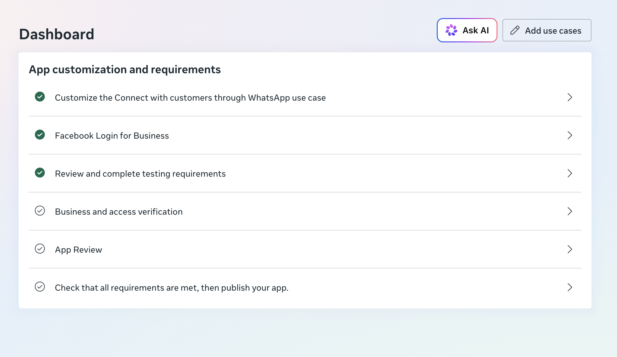 App dashboard with the checklist item 'Customize the Connect with customers through WhatsApp use case'