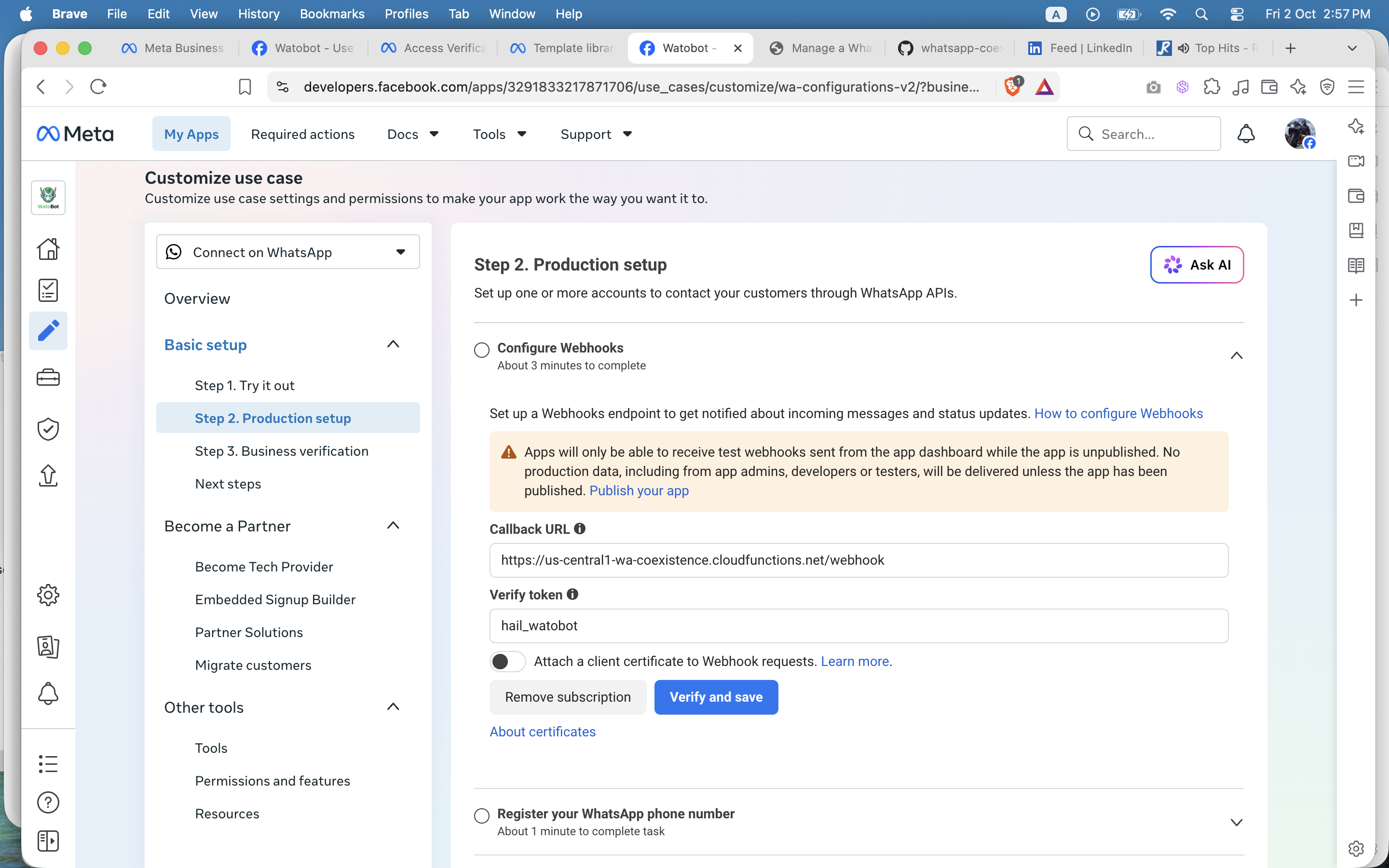 Configure Webhooks section with a Callback URL and a Verify token filled in and the Verify and save button