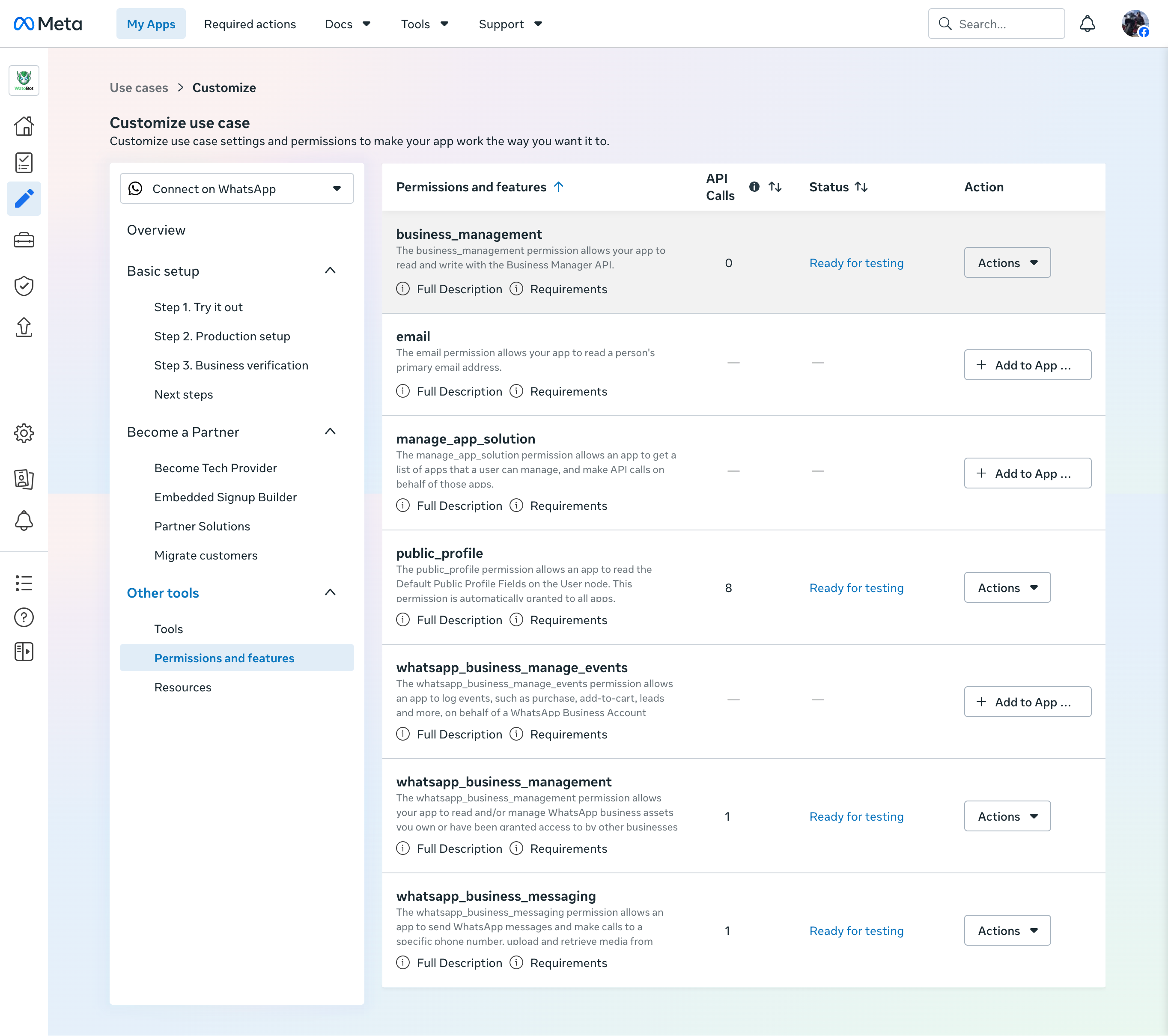 Permissions and features page listing the WhatsApp permissions and their status