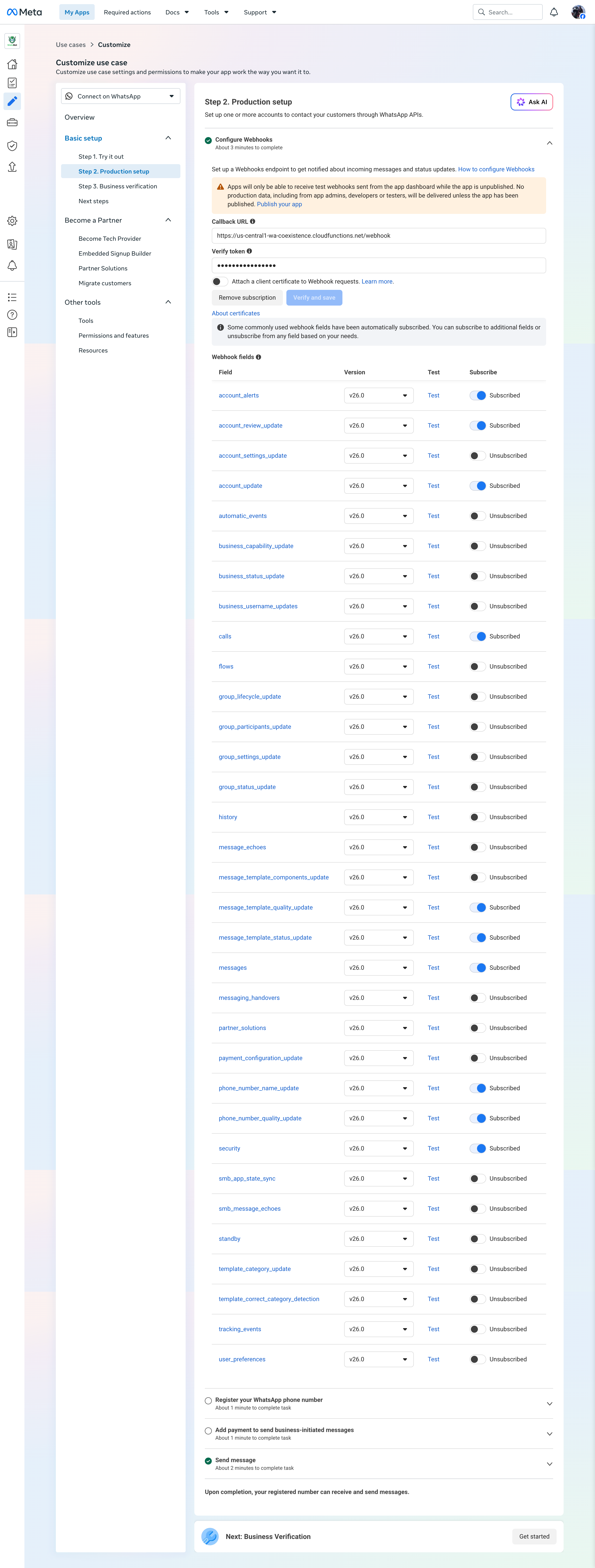 Webhook fields list with the messages field subscribed