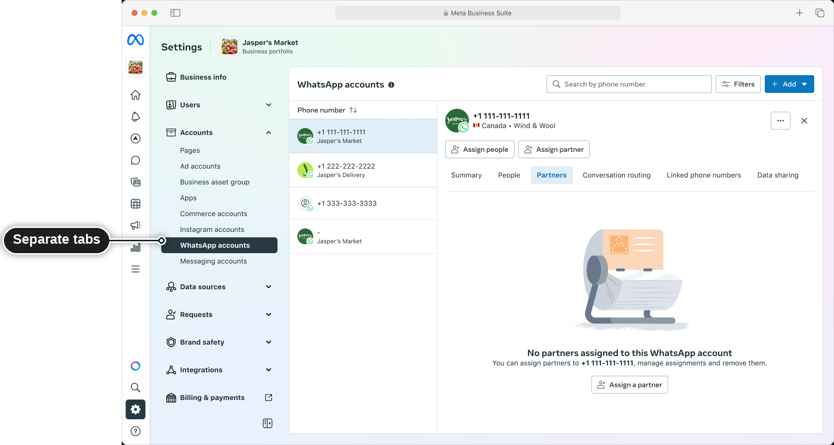 Meta Business Suite settings: the Accounts menu lists WhatsApp accounts and Messaging accounts as separate entries, and a WhatsApp account is open on its Partners tab with an Assign partner button