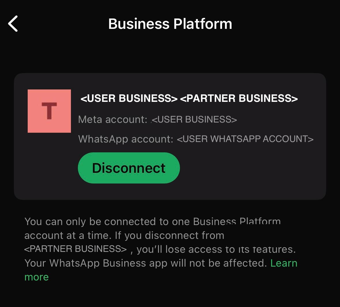 WhatsApp Business app Business Platform screen with a green Disconnect button and a note that the Business app will not be affected