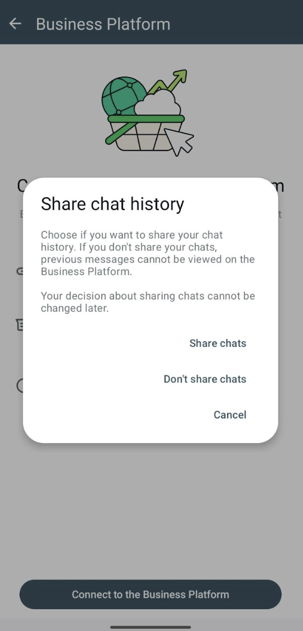 WhatsApp Business app dialog Share chat history with the options Share chats, Do not share chats and Cancel