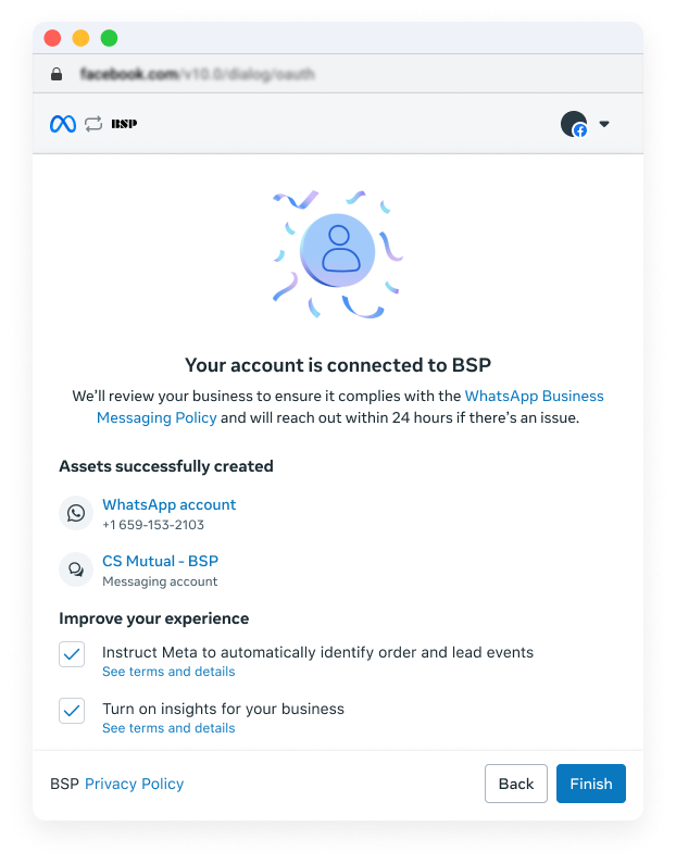Embedded Signup confirmation: your account is connected, with a WhatsApp account and a Messaging account listed under assets successfully created