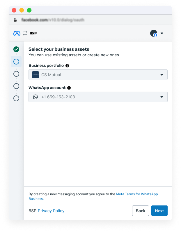 Embedded Signup step Select your business assets, with a business portfolio dropdown and a WhatsApp account dropdown holding a phone number