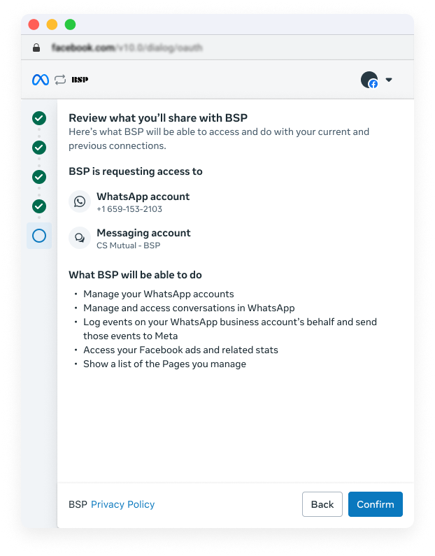 Embedded Signup step Review what you will share, listing access to a WhatsApp account and a Messaging account