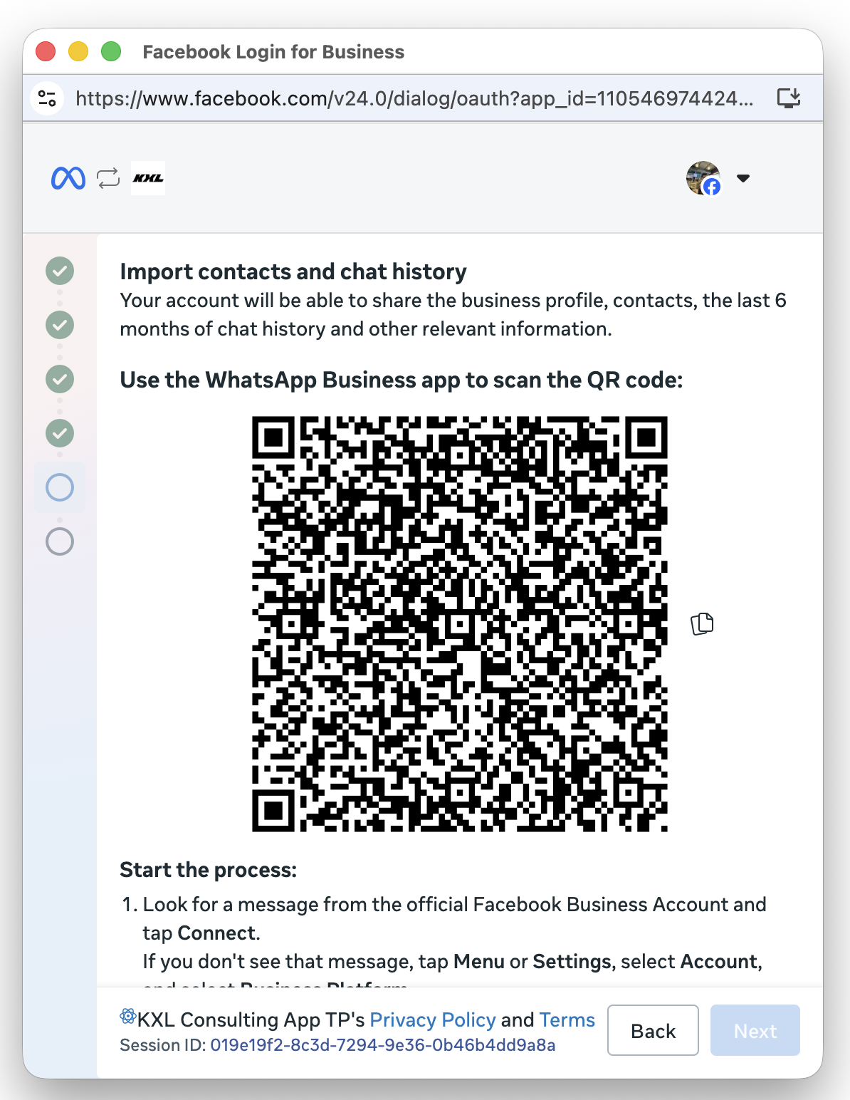 Embedded Signup step Import contacts and chat history with a QR code to scan using the WhatsApp Business app