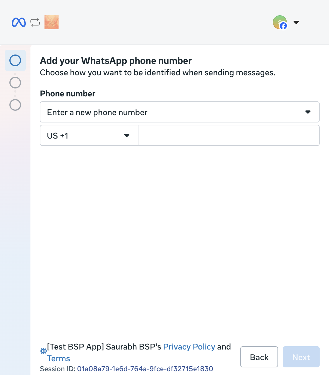 Embedded Signup step Add your WhatsApp phone number, with a phone number dropdown and a country code and number field